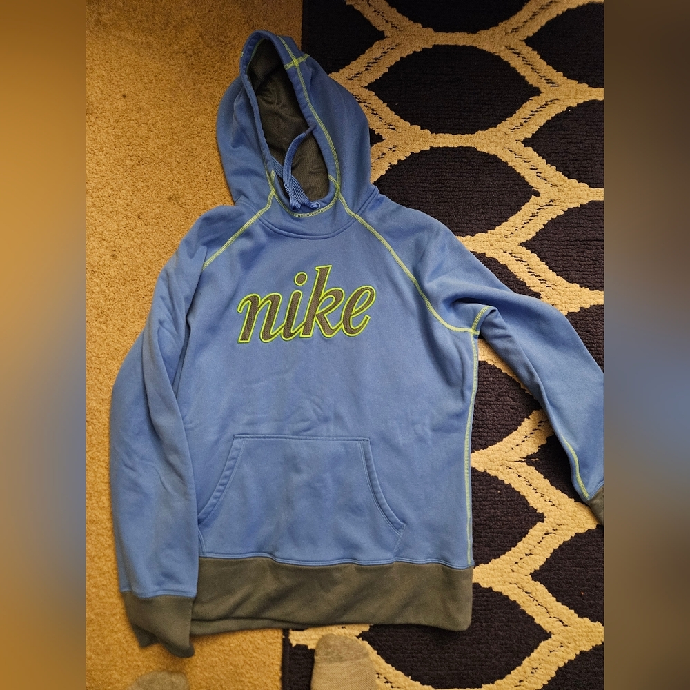 Nike Blue and Gray Women's Hoodie with Green Accents Women's Size xl